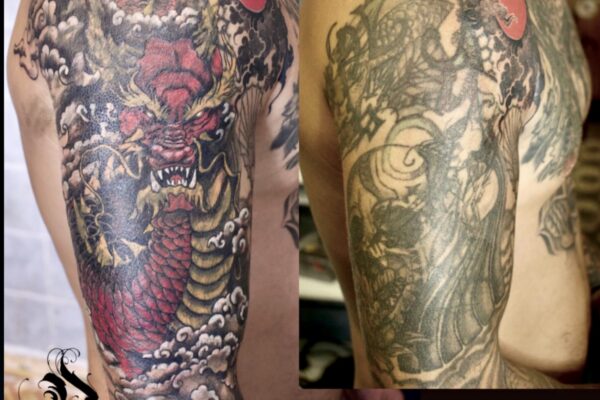upper arm cover up tattoo with colors