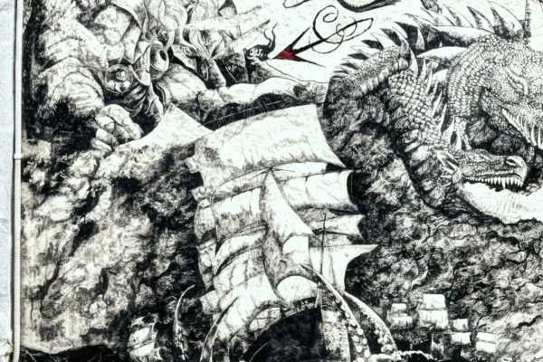 wall art made by Indian ink with pirates, dragons and mermaids