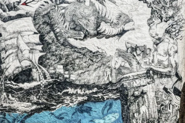 wall art made by Indian ink with dragons and mermaids